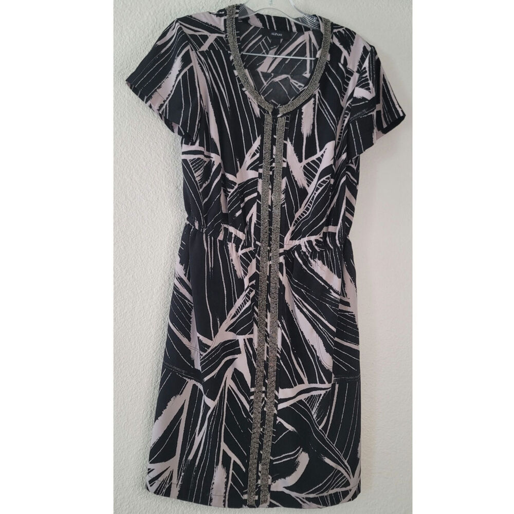 Black Alfani Sheath Geometric Print Beaded Short Sleeve Dress Size 8